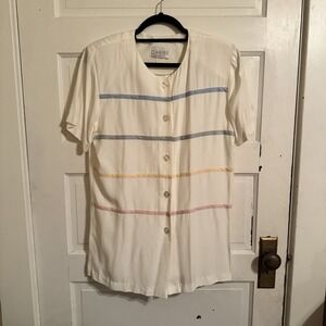 Caribe By Fashion Caribe USA Women's Vtg Button Up Top Rainbow‎ Stripes Sz Small